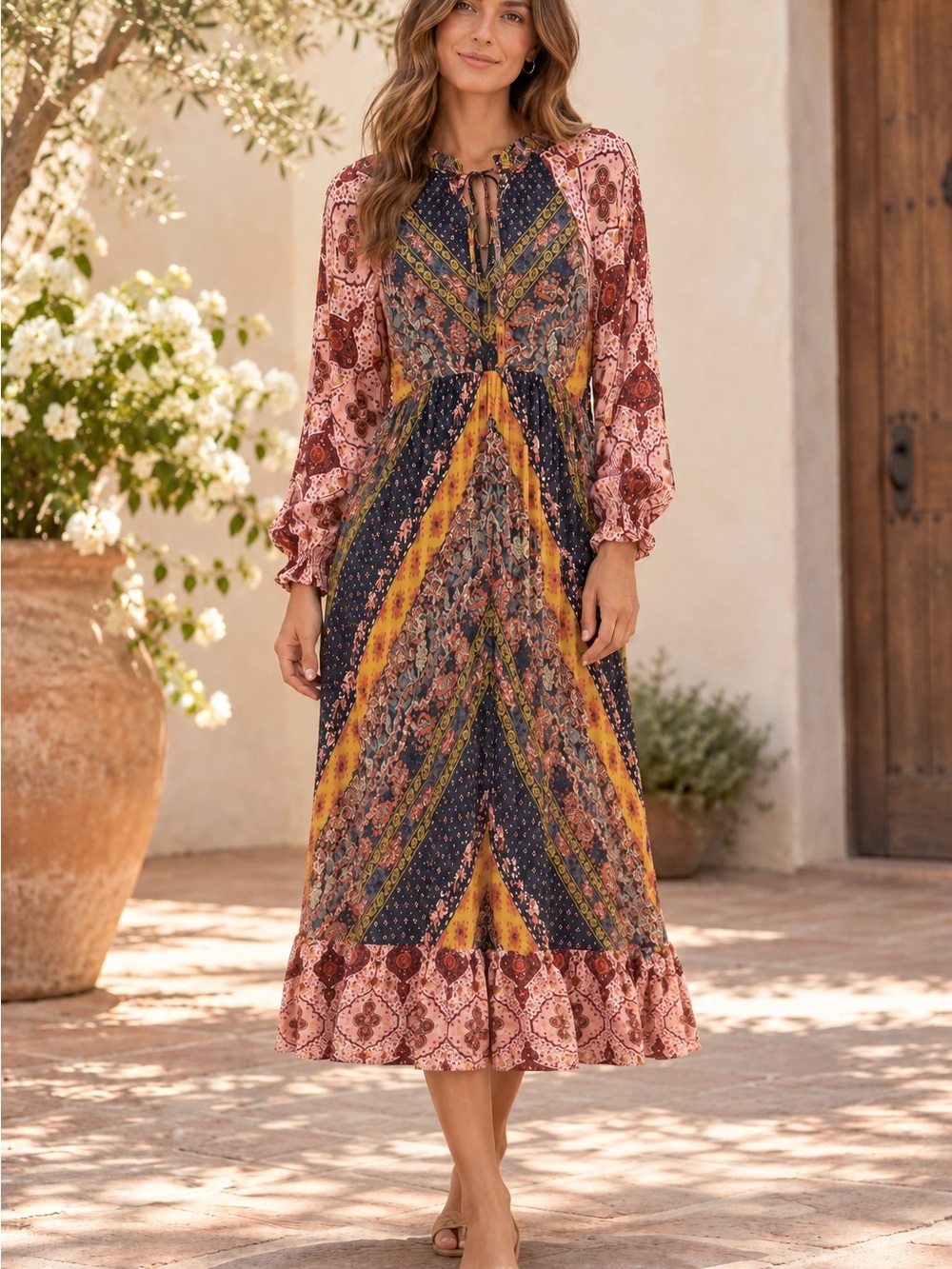 Umgee Boho Patchwork Midi Dress (091123) ☮️ 🌼